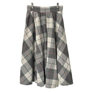 Vintage 90s Plaid Wool Midi Skirt Grey Neutral Check Quiet Luxury Preppy Small